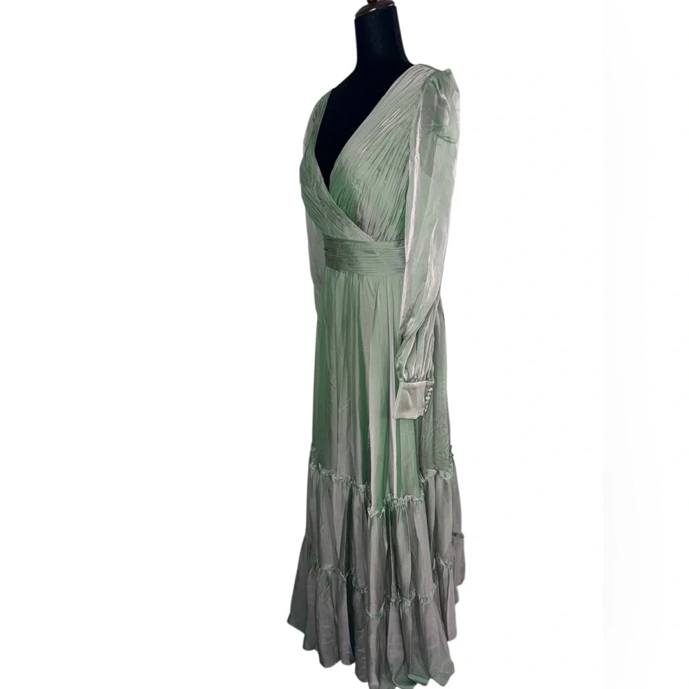 Mac Duggal FAUX WRAP ILLUSION BISHOP SLEEVE TIERED GOWN Sage NWT - Picture 10 of 16